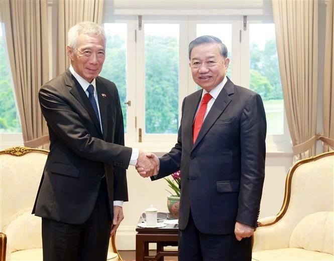 Le secrétaire général Tô Lâm (droite) rencontre l'ancien PM singapourien Lee Hsien Loong. Photo: VNA