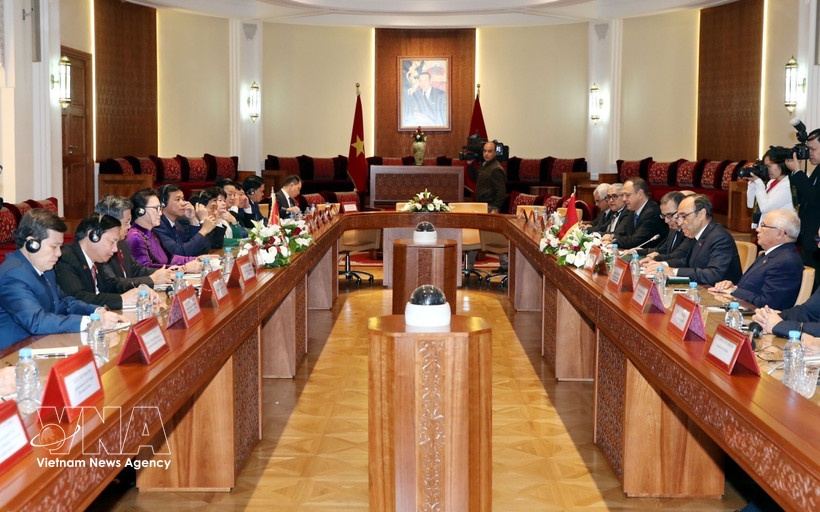 La présidente de l'Assemblée nationale, Nguyen Thi Kim Ngan, s'est entretenue avec le président de la Chambre marocaine, Habib El Malki, lors de sa visite officielle au Royaume du Maroc en 2019. Photo : VNA