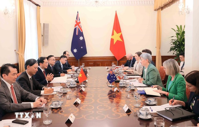 Le vice-Premier ministre et ministre des Affaires étrangères (AE) vietnamien Bùi Thanh Son s'entretien avec la ministre australienne des AE Penny Wong. Photo: VNA