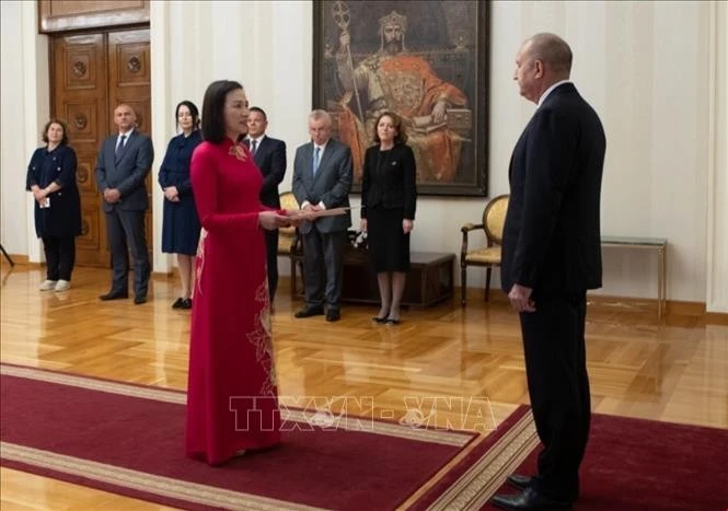 L'ambassadrice du Vietnam Nguyên Thi Minh Nguyêt présente le 3 juin ses lettres de créance au président bulgare Rumen Radev. Photo: VNA