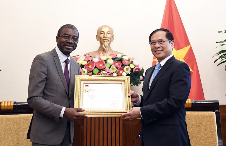 Le vice-PM et ministre des Affaires étrangères Bui Thanh Son (droite) remet à Lazare Eloundou Assomo l'Insigne "Pour la cause de la diplomatie vietnamienne". Photo: VNA