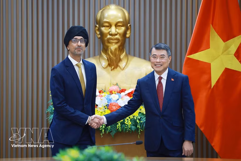 Le Premier ministre Le Minh Hung (droite) reçoit l’ambassadeur de Singapour au Vietnam, Rajpal Singh. Photo: VNA