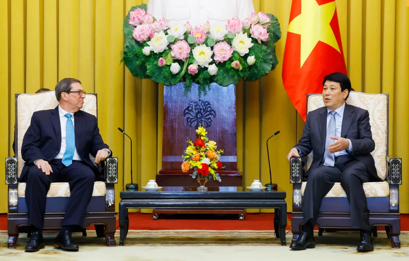 Le président Luong Cuong (droite) reçoit le ministre cubain des Affaires étrangères Bruno Rodríguez Parrilla. Photo: VNA