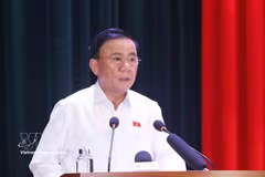 Trân Cam Tu, membre du Politburo et membre permanent du Secrétariat du Comité central du Parti, s’exprime lors d’une rencontre avec des électeurs des quartiers de Hai Châu, An Khê, Thanh Khê, Son Trà, An Hai et Hoa Cuong, dans la ville de Dà Nang, le 5 mai. Photo : VNA