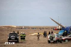 Sur les lieux du crash de l'avion de Azerbaijan Airlines. Photo : Xinhua