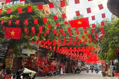 Une rue de Hanoi décorée de drapeaux, de fleurs, de banderoles et d’affiches pour célébrer le 80e anniversaire de la Fête nationale (2 septembre). Photo : VNA