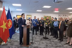 L’ambassadeur Dô Hung Viêt, chef de la Mission permanente du Vietnam à l’ONU, et les délégués lors de la cérémonie, à New York, le 20 août. Photo : VNA