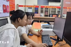 Trân Thi Kim Nhung, une agente publique du quartier de Phu Liên, à Hai Phong, explique comment déposer un dossier d’enregistrement de mariage via le Portail national de la fonction publique. Photo : VNA
