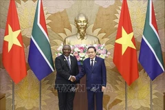 Le président de l’Assemblée nationale du Vietnam, Trân Thanh Mân (à droite) et le président sud-africain Matamela Cyril Ramaphosa, se serrent la main, à Hanoi, le a 24 octobre. Photo : VNA