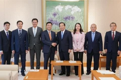 Le vice-Premier ministre Lê Thành Long (4e à partir de la gauche) et le président de la Chambre des représentants japonaise Nukaga Fukushiro se serrent la main. Photo : VNA