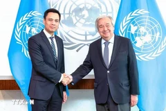 L’ambassadeur Dang Hoàng Giang (à gauche) fait ses adieux au secrétaire général des Nations Unies, António Guterres. Photo : VNA