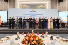 Le vice-Premier ministre et ministre des Affaires étrangères, Bui Thanh Son avec des ambassadeurs, des chefs de missions diplomatiques, des représentants d’organisations internationales au Vietnam. Photo: VNA