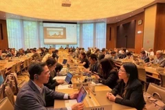 Le ministre conseiller Pham Quang Huy (à gauche), chef adjoint de la mission permanente du Vietnam à Genève, en Suisse, participant aux réunions. Photo: VNA
