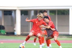 Joueurs vietnamiens à l’entraînement le 24 juillet. Le Vietnam affrontera les Philippines en demi-finale du Championnat de football des moins de 23 ans de l’ASEAN le 25 juillet. Photo : VFF