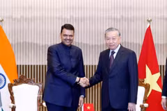 Le secrétaire général du Parti communiste du Vietnam et président vietnamien Tô Lâm, serre la main du ministre en chef de l’Etat du Maharashtra, Devendra Fadnavis, le 7 mai. Photo : VNA