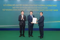 Par délégation du Premier ministre, le vice-Premier ministre Bui Thanh Son remet la décision de rebaptiser le Groupe du pétrole et du gaz du Vietnam qui devient désormais Groupe national de l’industrie et de l’énergie du Vietnam. Photo : VNA
