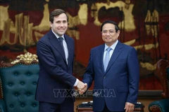 Le Premier ministre Pham Minh Chinh (à droite) serre la main du ministre suédois de la Coopération internationale au développement et du Commerce extérieur, Benjamin Dousa, à Hanoi, le 12 mai. Photo : VNA