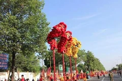 Une bonne centaine d'équipes de danseurs ont établi un nouveau record vietnamien de spectacle de danse de la licorne, du lion et du dragon, dans la province de Binh Duong. Photo : baobinhduong.vn