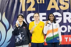 La nageuse vietnamienne Nguyên Kha Nhi (centre) décroche l'or au 1 500 mètres nage libre femmes du groupe des 17-18 ans. Photo: Association vietnamienne des sports aquatiques