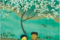 Une peinture sur soie « Couple avec éventail sous un cerisier en fleur » du célèbre artiste vietnamien Mai Trung Thu (1906-1980)