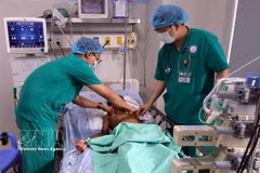 Des médecins examinent l'état de santé d'un des patients intoxiqués au botulisme sous surveillance médicale à l'Hôpital pour femmes et enfants de Dà Nang. Photo : VNA