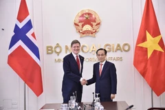 Le ministre vietnamien des Affaires étrangères Lê Hoài Trung (à droite) serre la main du ministre norvégien du Développement international Åsmund Aukrust, à Hanoi, le 10 février. Photo : VNA