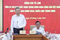 Le secrétaire général du Parti, Tô Lâm, s’exprime lors de sa séance de travail avec la Commission des politiques et des stratégies du Comité central du Parti, à Hanoi, le 28 mai. Photo : VNA