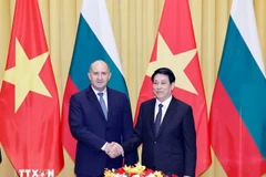 Le président bulgare Rumen Radev (à gauche) et le président vietnamien Luong Cuong se serrent la main. Photo : VNA