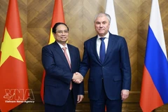 Le Premier ministre vietnamien Pham Minh Chinh (à gauche) rencontre le président de la Douma russe, Viatcheslav Volodine, à Moscou, le 24 mars. Photo : VNA