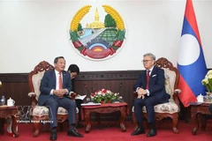 Le vice-Premier ministre et ministre des Affaires étrangères, Thongsavanh Phomvihane (à droite) recevant l’ambassadeur du Vietnam au Laos, Nguyên Minh Tâm. Photo : VNA
