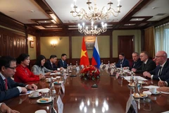 Madame Ngô Phuong Ly, épouse du secrétaire général du Parti communiste du Vietnam, Tô Lâm, rencontre le vice-Premier ministre russe Dmitry Chernyshenko. Photo : VNA
