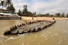 De fortes vagues le long du littoral ont révélé des parties d'un ancien navire découvert précédemment à Hôi An, dans la ville de Dà Nang (Centre) après la dissipation du typhon Kalmaegi. Photo : baodanang.vn