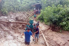 Evacution des biens des habitants de la commune de Bo Sinh, province de Son La (Nord) vers un endroit sûr. Photo : VNA