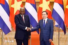 Le président de l’Assemblée nationale du Vietnam, Trân Thanh Mân (à droite) et le président de l’Assemblée nationale du pouvoir populaire et du Conseil d’État de Cuba, Esteban Lazo Hernández se serrent la main, le 2 novembre 2024. Photo : VNA