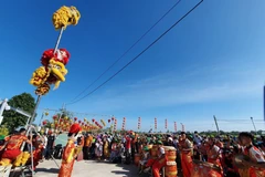 Une danse du lion à Cân Tho qui accueille les visiteurs pendant les vacances du Nouvel An lunaire. Photo : VNA