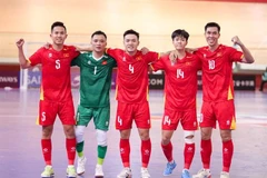 Des joueurs vietnamiens célèbrent un but lors de leur victoire 5-4 contre le Koweït en Coupe d'Asie de futsal de l'AFC 2026, le 29 janvier à Jakarta, en Indonésie. Photo : VFF