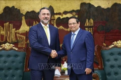 Le Premier ministre Pham Minh Chinh (à droite) serre la main du vice-président chargé des opérations de l’Autorité d’investissement d’Oman (OIA), le cheikh Nasser bin Suliman Al Harthi, à Hanoi, le 29 mai. Photo : VNA