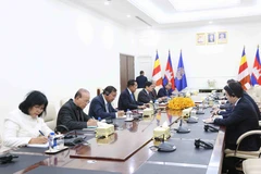 Entrevue entre le président du Parti du peuple cambodgien (PPC) et président du Sénat, Samdech Techo Hun Sen (centre, à gauche) et le président de la Commission des relations extérieures du Comité central du Parti communiste du Vietnam (PCV) Lê Hoài Trung, à Phnom Penh. Photo: VNA