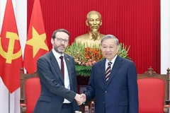 Le secrétaire général du Parti communiste du Vietnam, Tô Lâm (à droite) serre la main de l’ambassadeur du Royaume-Uni au Vietnam, Iain Frew. Photo: VNA