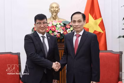 Le ministre vietnamien des Affaires étrangères, Le Hoai Trung (droite), reçoit l’ambassadeur de Mongolie, Jigjee Sereejav. Photo: VNA