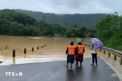 Une section de la route nationale traversant Quang Tri est sous les eaux. Photo: VNA