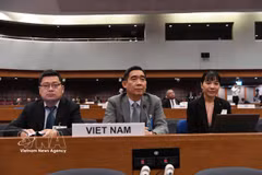 L'ambassadeur Pham Viet Hung (au centre) lors de la séance de discussion. Photo : VNA