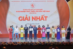 Le vice-Premier ministre Mai Van Chinh (4e, gauche) et le ministre de la Culture, des Sports et du Tourisme, Nguyen Van Hung (6e, gauche), remettent le premier prix aux auteurs et aux groupes d'auteurs lauréats. Photo : VNA
