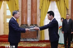 Le secrétaire général du Comité central du Parti communiste du Vietnam, Tô Lâm (gauche), reçoit l'ambassadeur de la RPDC au Vietnam, Ri Sung Guk. Photo: VNA