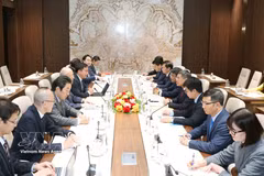 Le Minh Hung, membre du Bureau politique, secrétaire du Comité central du Parti, président de la Commission centrale de l’organisation du Parti et et président du Groupe parlementaire d’amitié Vietnam - Japon, reçoit Takebe Tsutomu, conseiller spécial de l’Alliance parlementaire d’amitié Japon - Vietnam. Photo: VNA