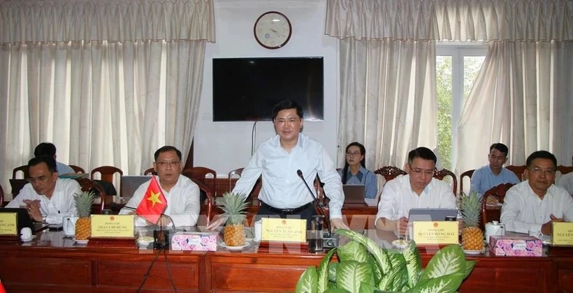 Le vice-secrétaire permanent du Comité provincial du Parti de Hau Giang, Nguyen Tuan Anh, prend la parole lors de la réunion. (Photo : VNA)