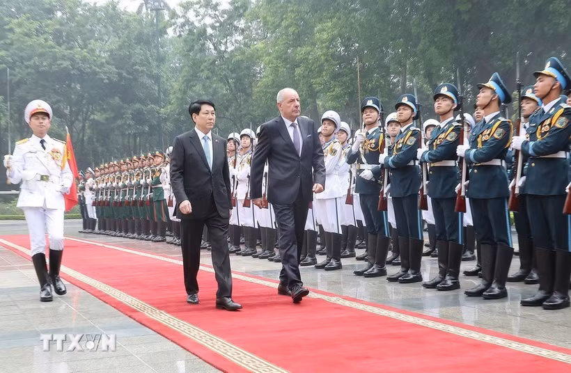 Le président Luong Cuong préside la cérémonie d'accueil officielle de son homologue hongrois Sulyok Tamas. Photo : VNA