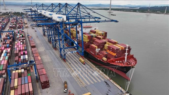Chargement et déchargement de marchandises d'exportation au port international à conteneurs de Hai Phong. Photo : VNA
