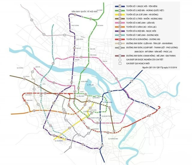 Le réseau de métro prévu à Hanoi. La ligne de métro n°5 est en orange. (Photo hanoimetro.net.vn)