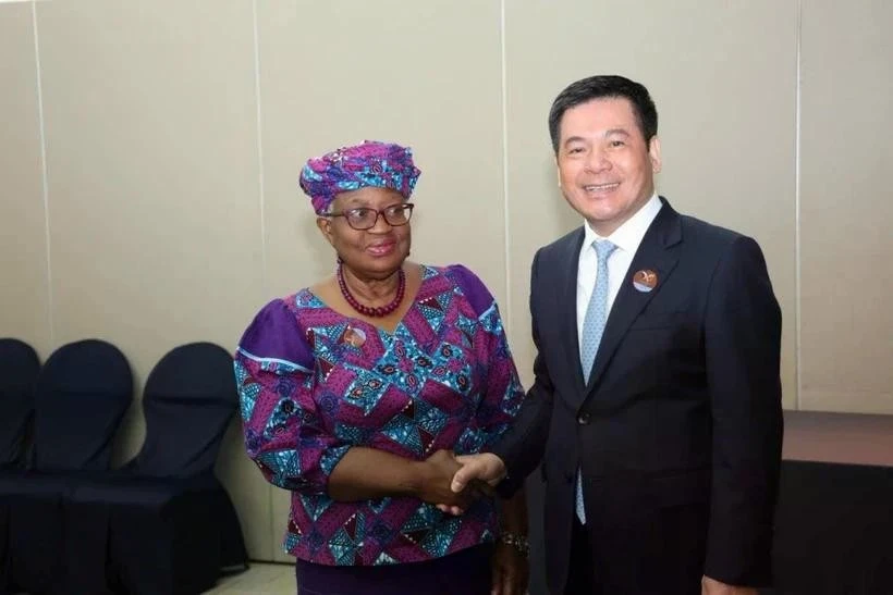 Le ministre de l'Industrie et du Commerce, Nguyen Hong Dien (à droite), et la directrice générale de l'OMC, Ngozi Okonjo-Iweala, à Jeju, le 15 mai (Photo : ministère de l'Industrie et du Commerce)